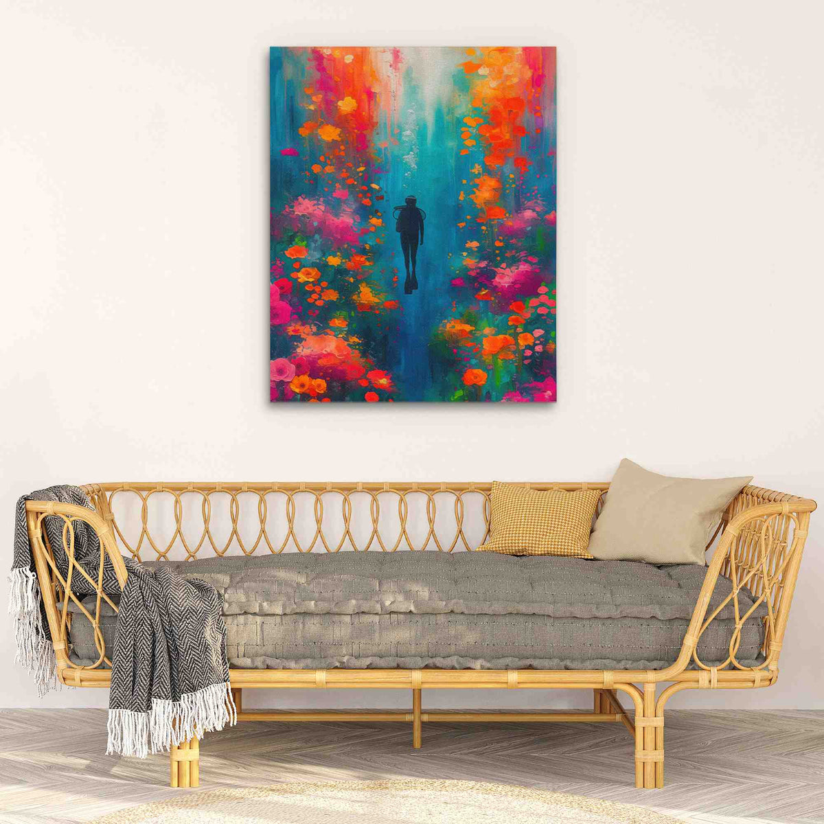 a living room with a couch and a painting on the wall