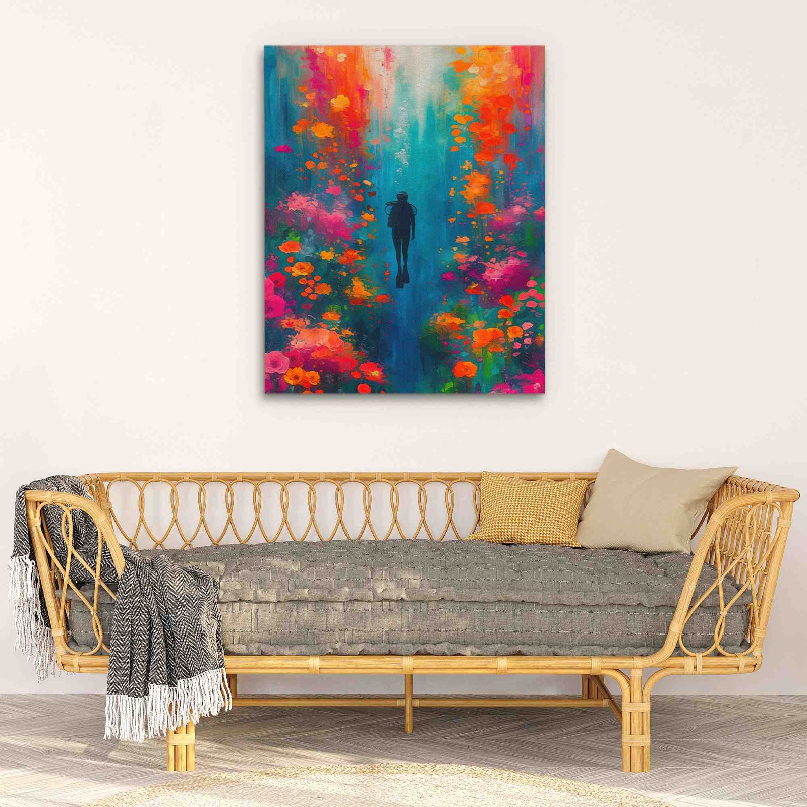 a living room with a couch and a painting on the wall