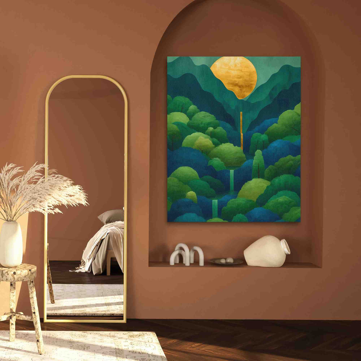 a room with a mirror and a painting on the wall