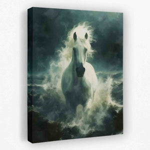 a painting of a white horse running in the ocean