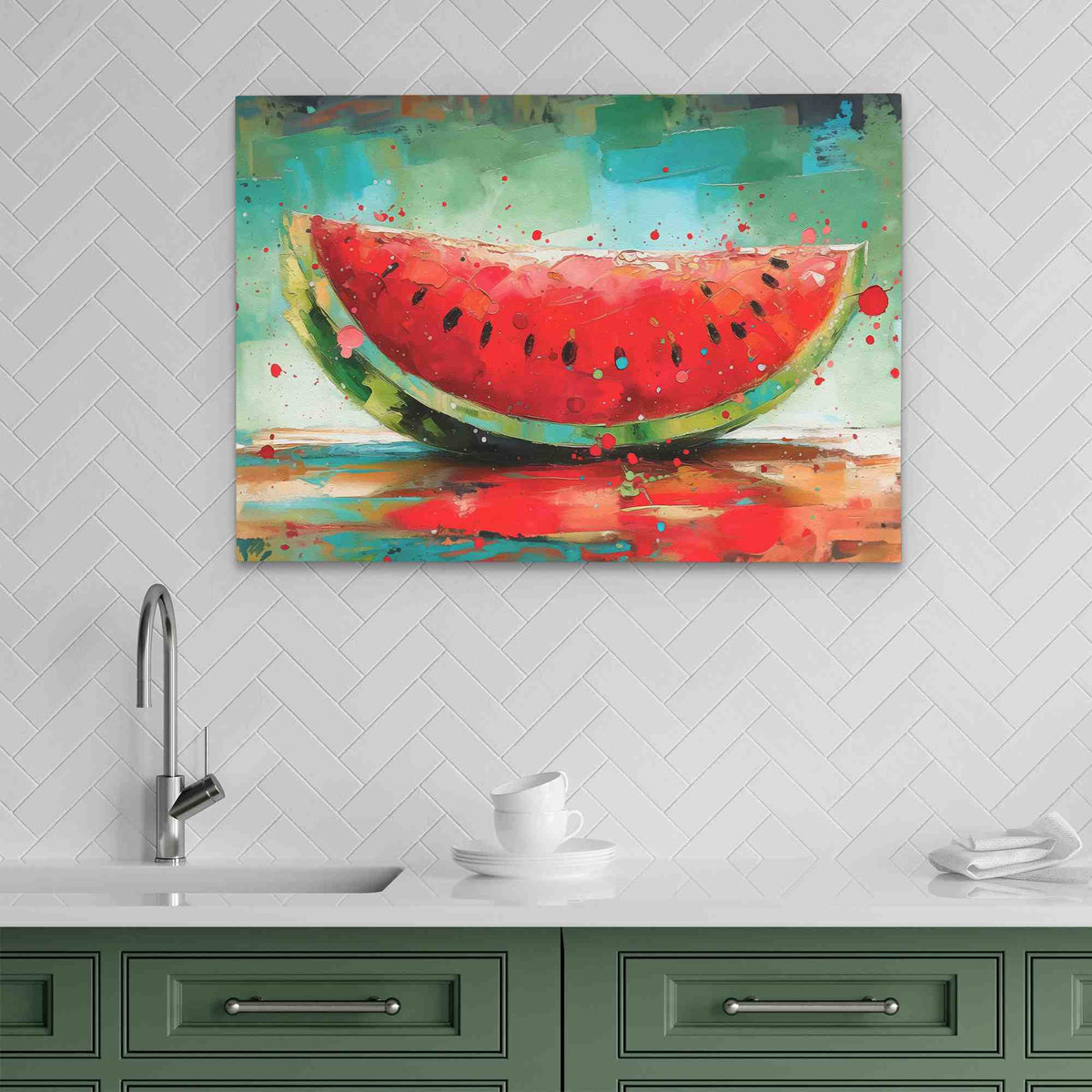 a painting of a watermelon on a wall above a kitchen sink