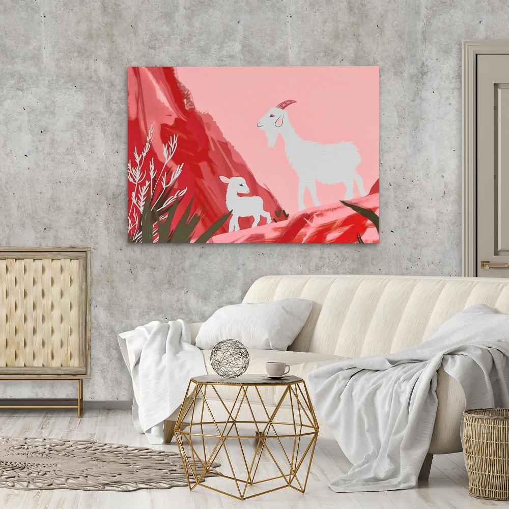 a painting of a goat and a lamb on a pink background