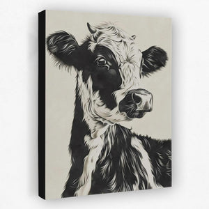 a black and white painting of a cow