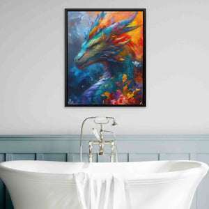 a bathtub with a painting of a dragon on the wall above it