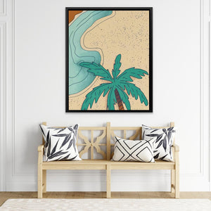 a painting of a palm tree on a wall above a bench