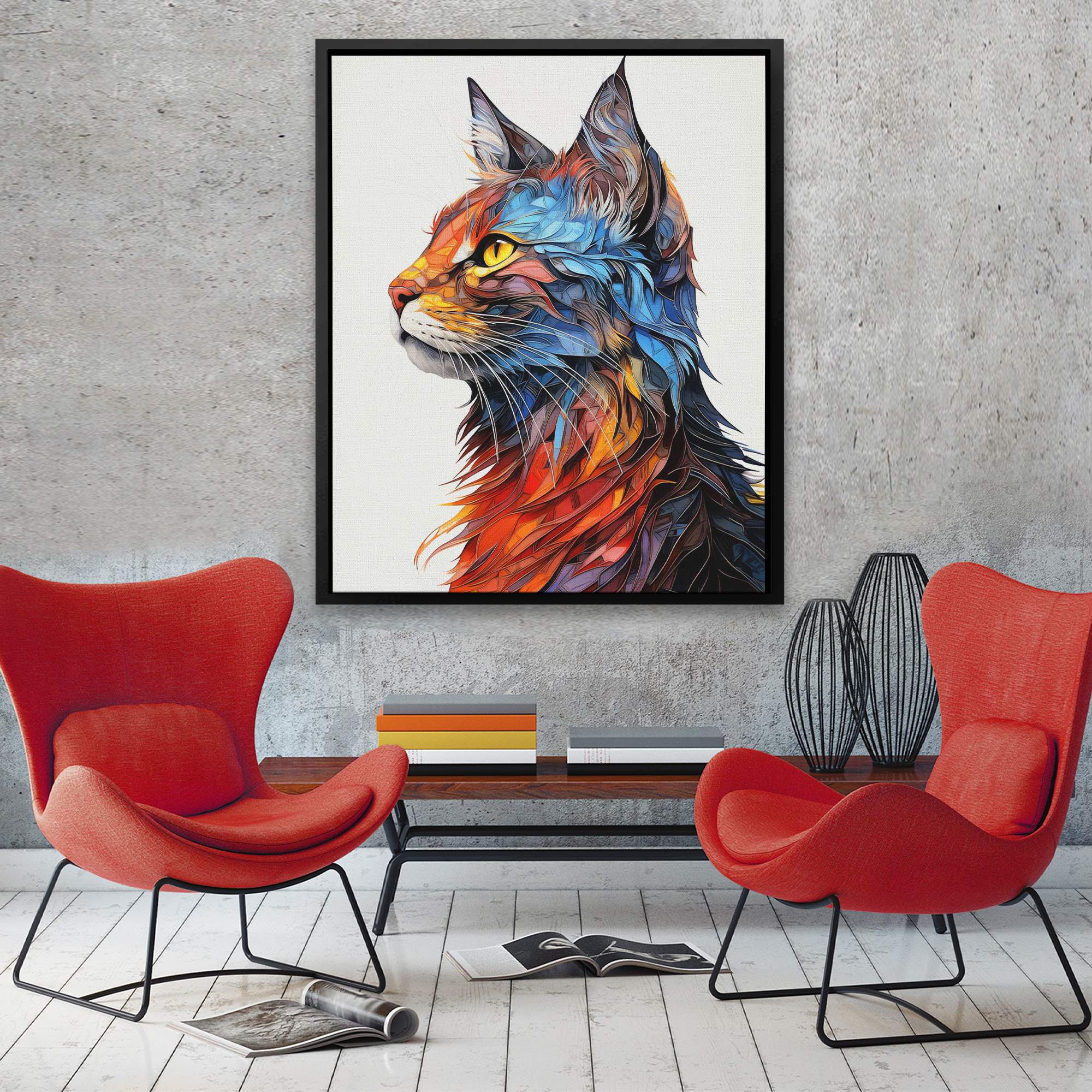 a painting of a colorful cat on a white background