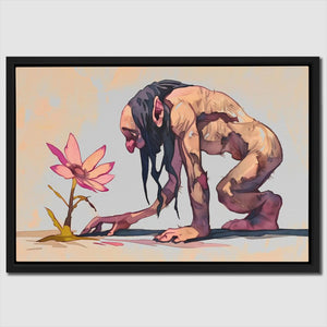 a painting of a man kneeling down next to a flower