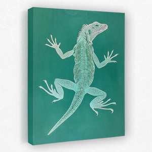 a painting of a lizard on a green background