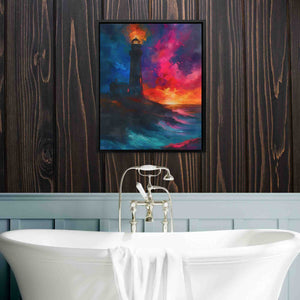 a bathroom with a tub and a painting on the wall