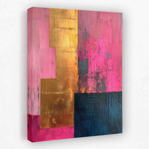 a painting of a pink, yellow, and blue abstract painting