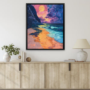 a painting of a sunset on a beach