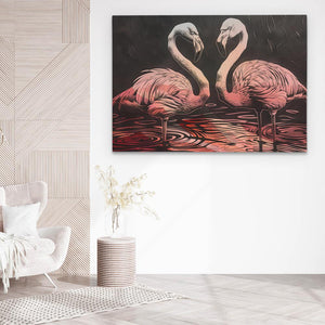 a painting of two pink flamingos in a white room