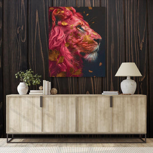 a sideboard with a painting of a lion on it