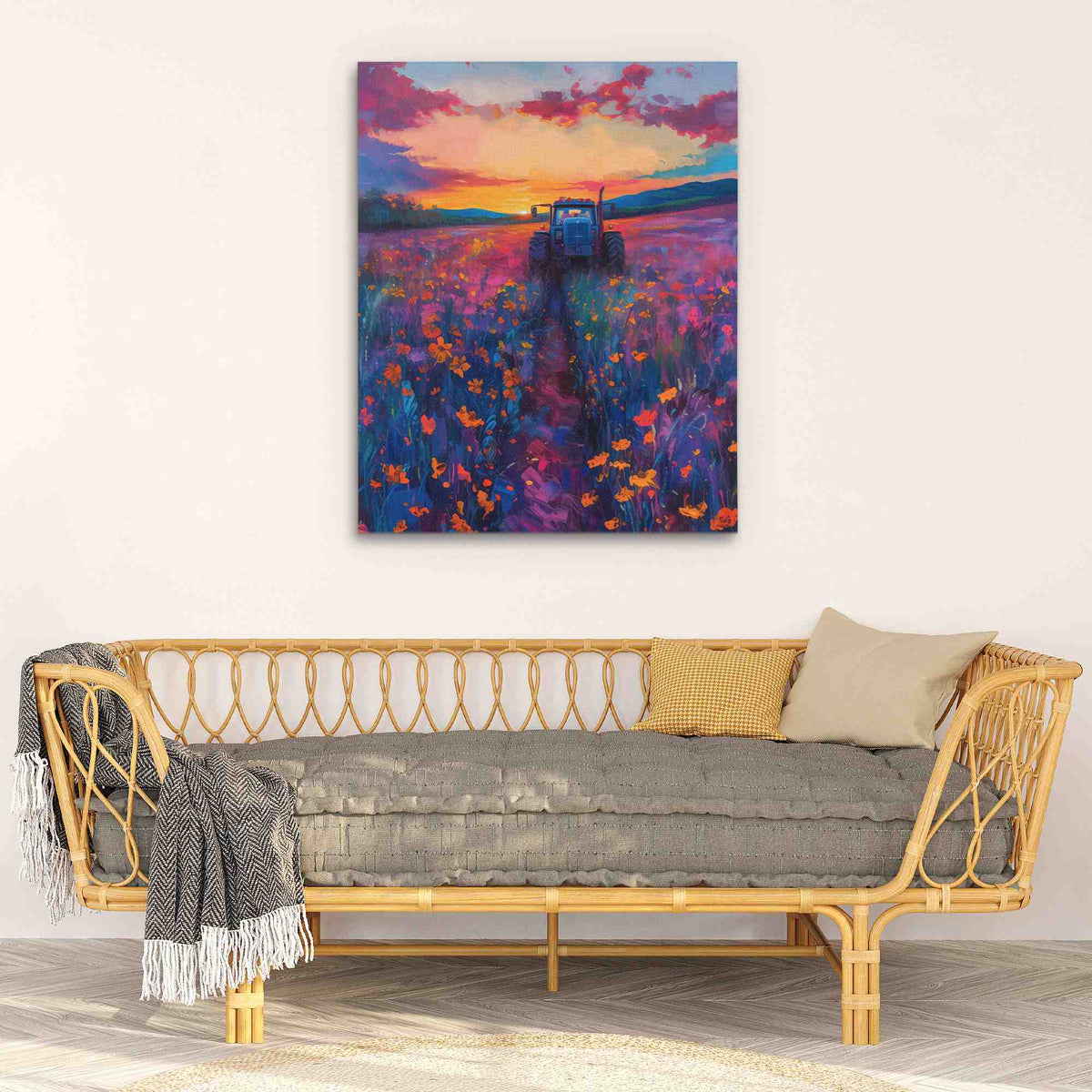 a living room with a couch and a painting on the wall