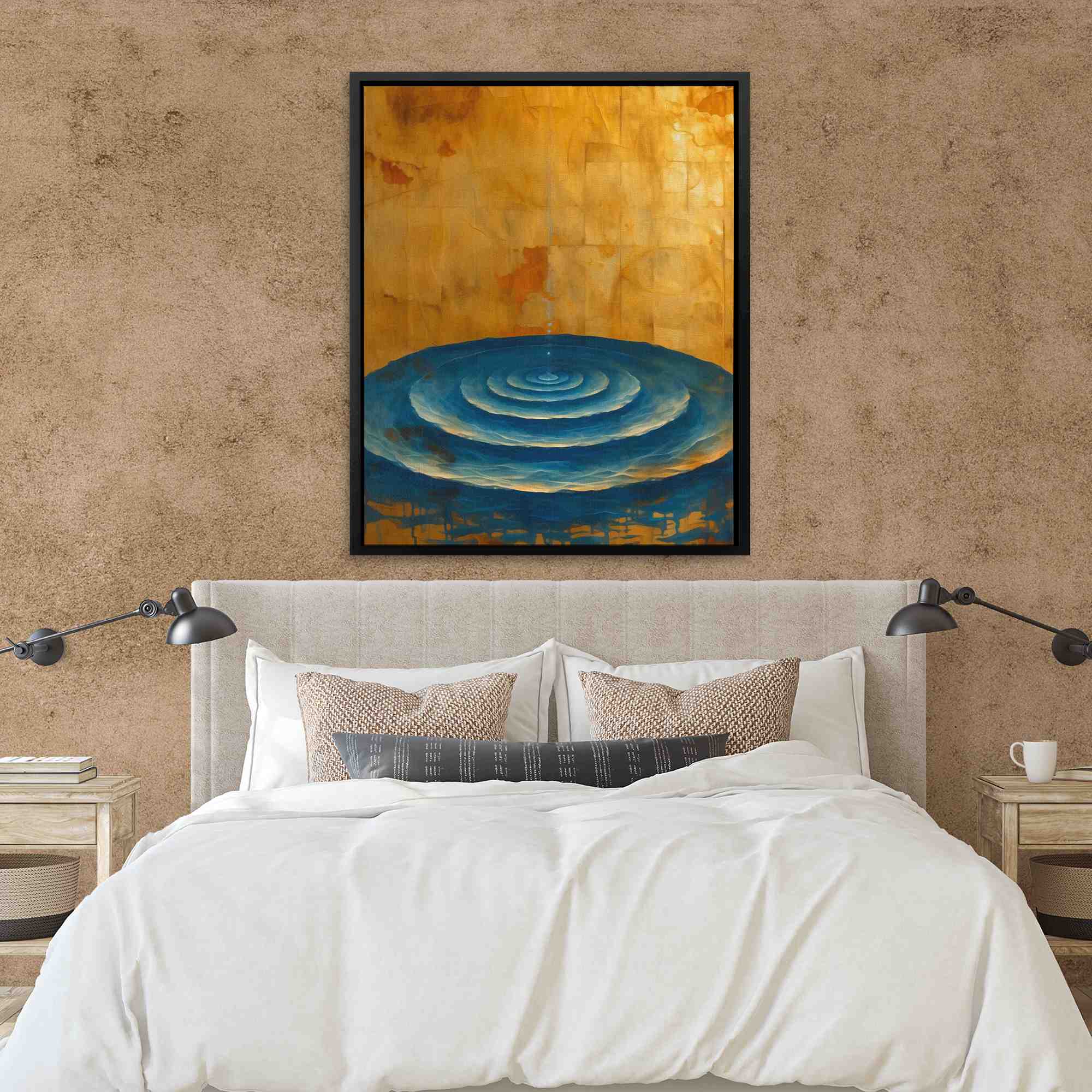 a painting on a canvas of a blue and yellow circle