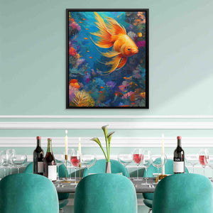a painting of a goldfish in a restaurant