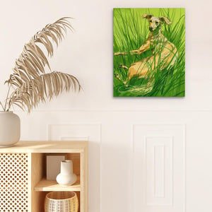 a painting of a dog sitting in the grass