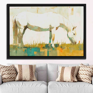 a painting of a white horse grazing in a field