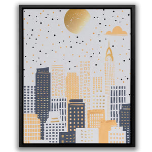 a picture of a cityscape with stars and a moon