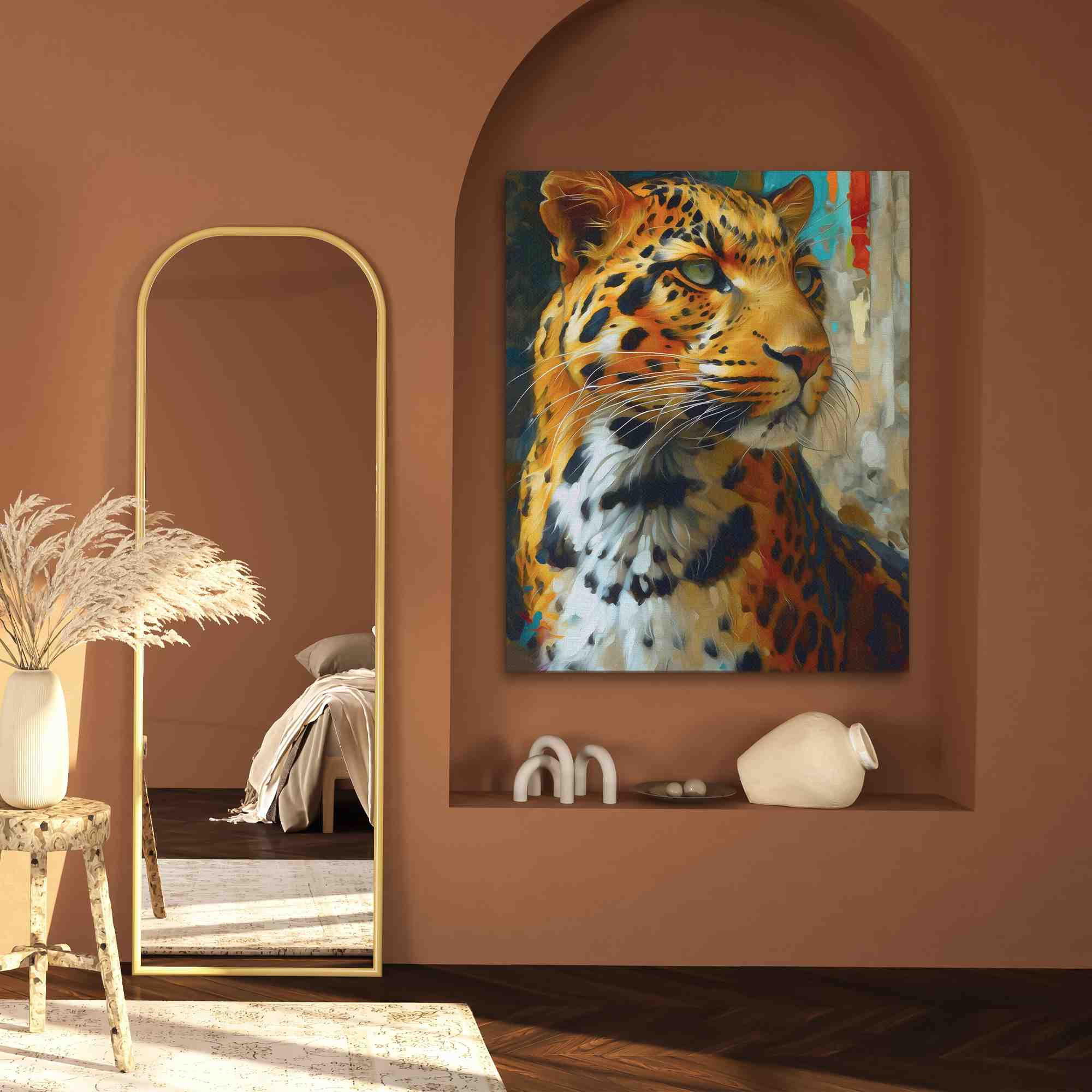 a painting of a leopard on a wall