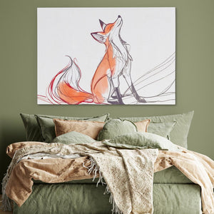 a painting of a fox on a wall above a bed