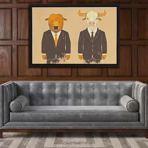 a couch in a room with a painting of a bull and a bull in a