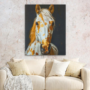 a painting of a horse on a wall above a couch