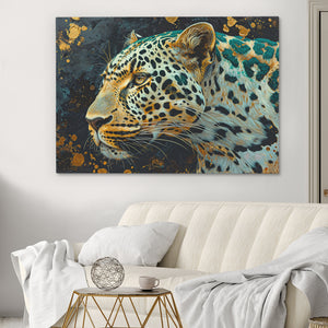 a painting of a leopard on a wall above a couch