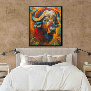 a painting of a buffalo on a wall above a bed