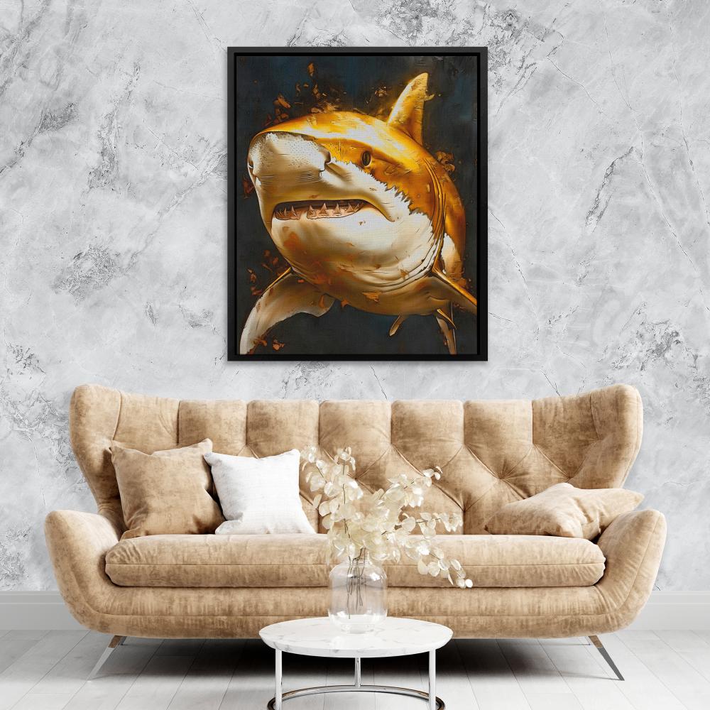 a painting of a yellow shark with its mouth open