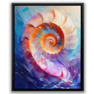 a painting of a sea shell on a blue background