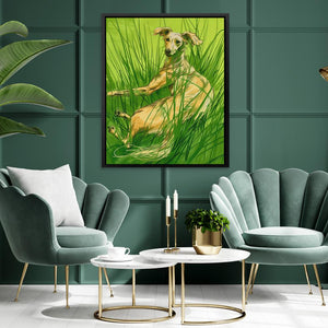 a living room with green walls and a painting on the wall