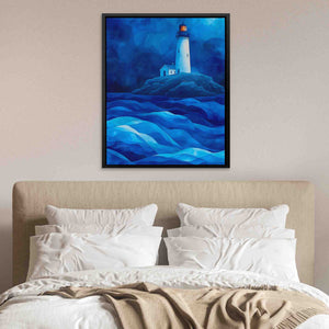 a painting of a lighthouse in the middle of the ocean