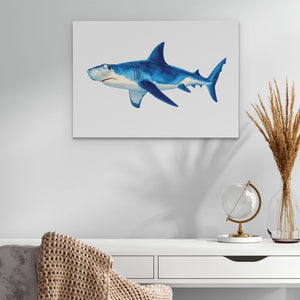 a picture of a blue shark on a white wall