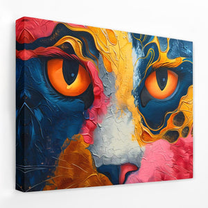 a painting of a cat's face with orange eyes