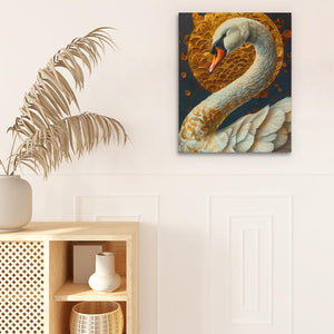 a painting of a swan on a wall next to a potted plant