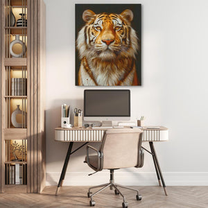 a painting of a tiger on a wall above a desk