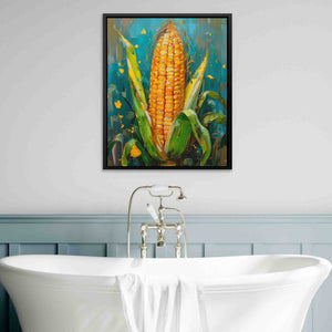 a painting of a corn on the cob in a bathroom