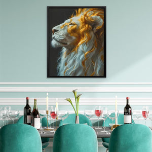 a painting of a lion on a wall above a dining room table