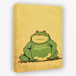 a green frog sitting on the ground in front of a yellow background