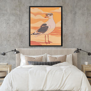 a picture of a seagull on a wall above a bed