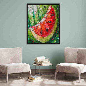 a painting of a slice of watermelon on a wall