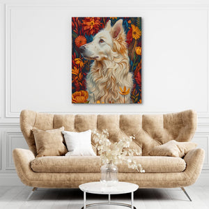 a painting of a dog on a wall above a couch