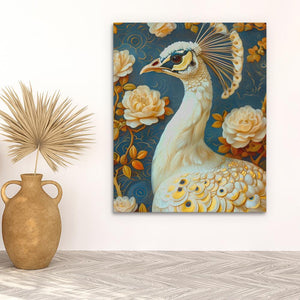 a painting of a peacock on a wall next to a vase