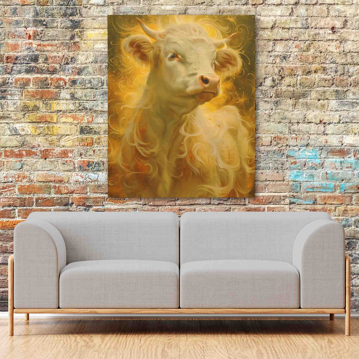 a painting of a cow on a brick wall
