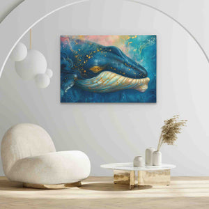 a painting of a whale in a living room