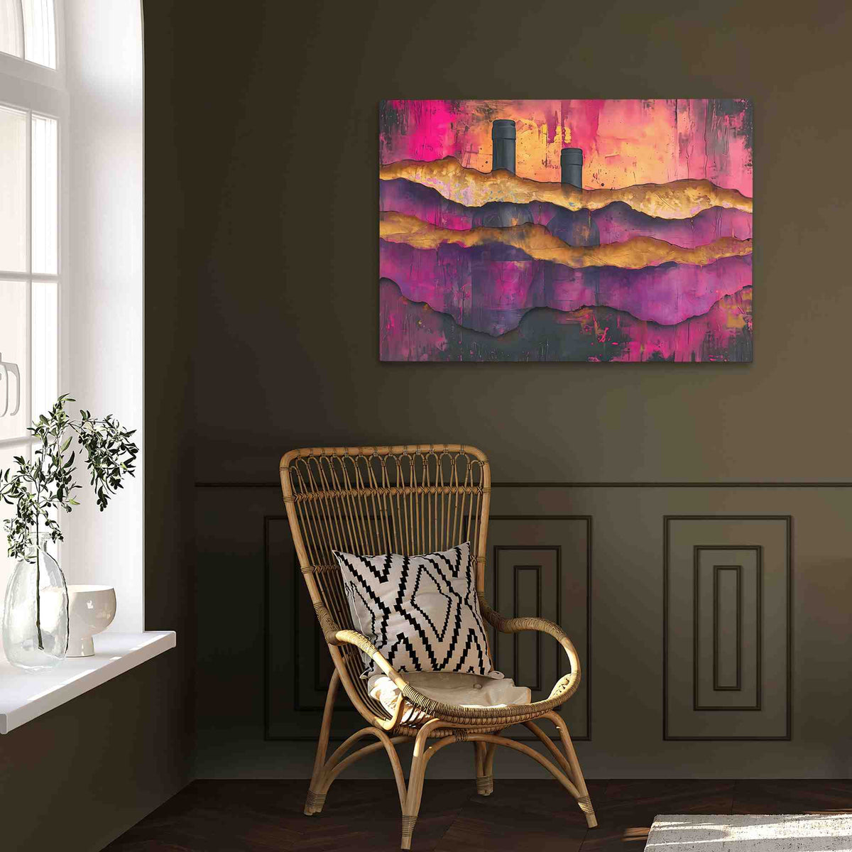 a chair in a room with a painting on the wall