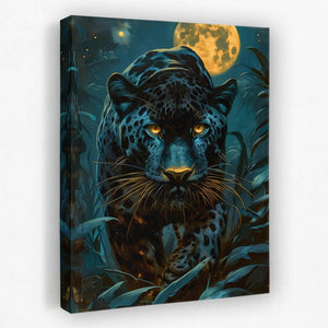 a painting of a leopard with a full moon in the background