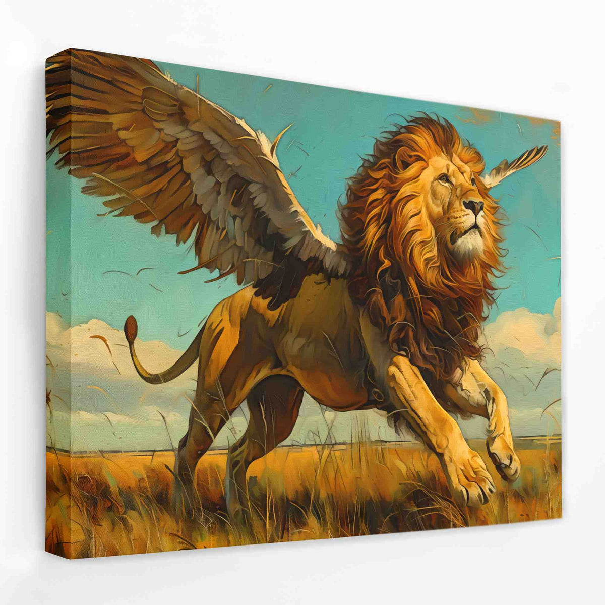 a painting of a lion with wings on it&#39;s back