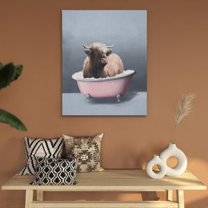 a painting of a cow sitting in a bathtub